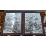 CHINESE STYLE WALL PLAQUES, a pair, ceramic, wooded mountain scenes, wood framed, 35cm x 29cm.