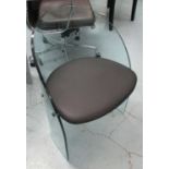 GREEN APPLE SIDE CHAIRS, a pair, tempered glass, with black seat pads, 74cm H.