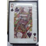 'THE QUEEN OF HEARTS', decoupage, framed, 146cm H, x 100cm W.