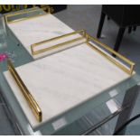 DRINKS TRAYS, a pair, marble base with gilt handles, 46cm L x 30cm W x 7cm H.