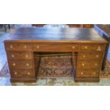 PEDESTAL DESK, Victorian mahogany, having nine drawers, twin pedestals and black tooled leather top,