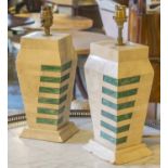 LAMPS, a pair, Art Deco style travertine and green marble veneered with shades, 50cm H.