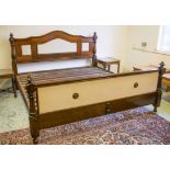 BED, Victorian and later mahogany with cream fabric padded ends, lobed columns and slatted base,