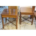 LAMP TABLES, a pair, Georgian style mahogany with canted corner square and glass inset tops,