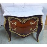 BOMBE COMMODE, with marble top, Louis XV style parquetry and brass mounted with two drawers,