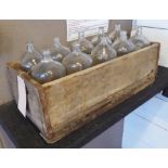 BOTTLES, ten, in an old pine box, 64cm W x 29cm D x 21cm H, bottles each 26cm H.
