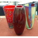 THREE GLASS VASES, Murano inspired style, tallest 55cm.