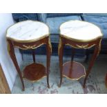 SIDE TABLES, Louis XV style brass mounted with shaped marble top, 41cm W x 76cm H.