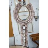 SHELL DECORATION, West African tribal neck piece ornament on stand, 90cm H x 35cm.