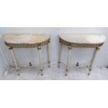 DEMI LUNE CONSOLE TABLES, a pair, Louis XVI style, with marble tops, 83cm x 31cm x 80cm H.