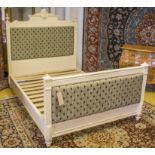 BED, Louis XVI style, cream painted with fleur de lys patterned upholstered ends,