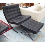 BARCELONA STYLE CHAIR & STOOL, after Ludwig Mies van der Rohe, chair 77cm H (slight faults).