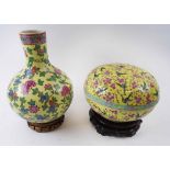FAMILLE JAUNE CHINESE CERAMICS, baluster vase 31cm H, and covered dish 26cm diam,