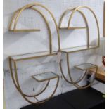 WALL SHELVES, a pair, in the Bauhaus style, gilt and mirrored, 120cm H.