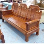 BALINESE SETTLE, hardwood, with Asian motif carved detail, 210cm W.