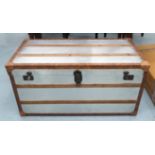 AVIATOR STYLE TRUNK, aluminium with leather banding, 101cm W x 51cm D x 51cm H.