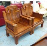 BALINESE SIDE CHAIRS, a pair, with Asian motif, carved detail, 80cm W.