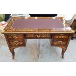 BUREAU PLAT, Continental style marquetry having five drawers,