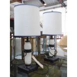 LAMPS, a pair, white shades with blue piping, 52cm H.