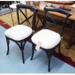 CHAIRS, a pair, vintage French inspired design, ebonised frame with seat cushions, 89cm H.