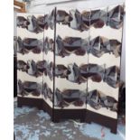 SCREEN, four fold, with abstract patterned fabric panels to one side, each panel 59cm W x 207cm H.