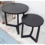 FLEXFORM TABLES, two, one large one small, round with stretchered base in black finish,