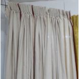 CURTAINS, two pairs, linen with russet chenille piping, each 138cm W ungathered by 363cm drop.