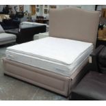 DOUBLE BED, in a natural coloured upholstery with studded detail with mattress, 170cm x 170cm W.