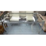 DINING TABLE, contemporary polished metal base with tempered glass top, 180cm L x 60cm W x 76cm H.