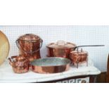 COPPER POTS, pans and kettle, quantity of five in various sizes, tallest 27cm H.