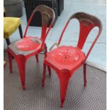 TOLIX STYLE CHAIRS, a set of eight, after Xavier Pauchard, distressed red painted metal.