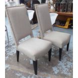 SIDE CHAIRS, a pair, grey fabric studded, on square ebonised legs, 52cm W.