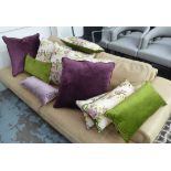 CUSHIONS, eleven various, floral with velvet backs, five 55cm x 55cm and six 55cm x 25cm.