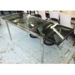 DINING TABLE, 1970s chrome frame with extending smoked glass top,