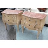 BOMBE COMMODES, a pair, in distressed effect painted finish, with two drawers,