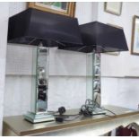 MIRRORED LAMPS, a pair, with black shades, overall each 75cm H.