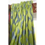 CURTAINS, a pair, lined and interlined, Zari chartreuse blue and lime design,