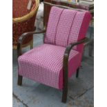 JINDRICH HALABALA STYLE ARMCHAIR, mid 20th century, beech in magenta patterned fabric, 57cm W.