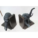 BOOKENDS, a pair, elephants in slumber, bronze verdigris finish, each 19cm L.
