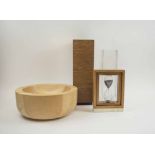 DAVID LINLEY 'PRECIOUS TIME' HOUR GLASS, 21cm H; a wooden vase 37cm H; and a bowl, stamped to rim,