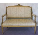 CANAPE, late 19th century French giltwood with back and seat in cream floral patterned fabric,