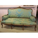 CANAPE, Napoleon III walnut framed in Designers Guild turquoise silk damask with bolster cushions,