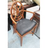 SPIDERBACK OPEN ARMCHAIRS, a pair, lutyens style with padded cushions on square supports, 57cm.
