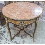 CENTRE TABLE, Louis XV style, parquetry and brass mounted with circular marble top,