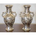 VASES, a pair of early 20th century Japanese silvered brass with stamps to underneath, 40cm H.