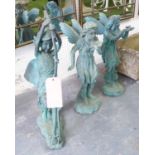 CAST IRON FAIRES, three, verdigris finish, 60cm, 51cm, 50cm.