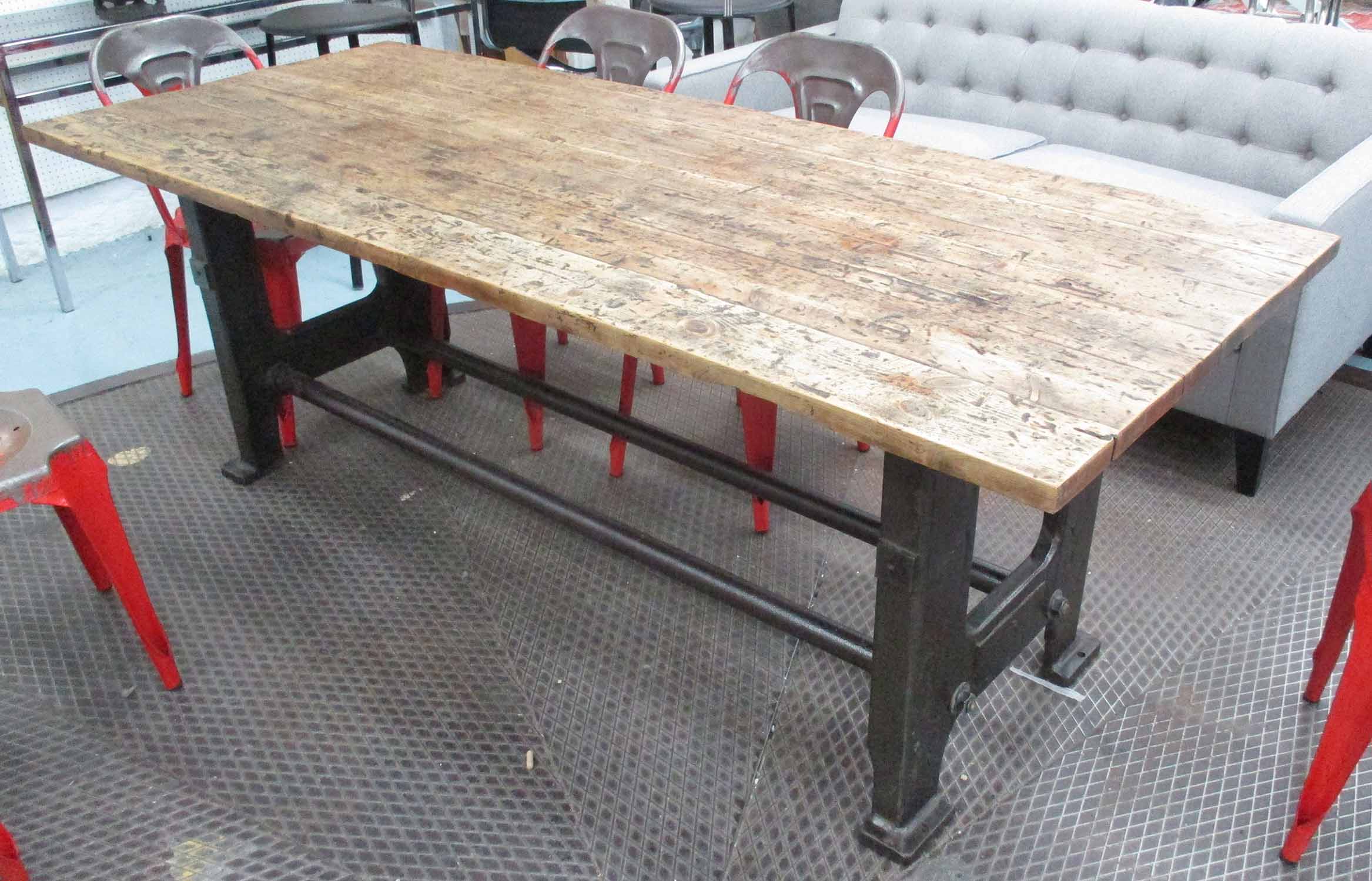 DINING TABLE, Industrial style, metal base with pine top, 85cm D x 214cm L x 77cm H.