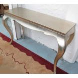 CONSOLE TABLE, in gold leaf finish, with swept supports, 121cm x 40cm x 80cm H.