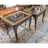 LAMP TABLES, a pair, burr walnut, gilded and black lacquer,