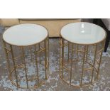 LAMP TABLES, a pair, circular gilt metal with white glass on stretchered supports,